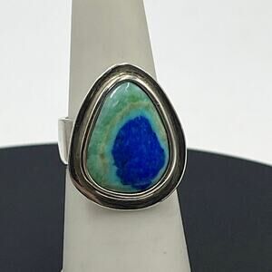 Vintage Sterling Silver 925
Azurite Malachite Teardrop
Ring Sz 6 Wide Band 8.6g